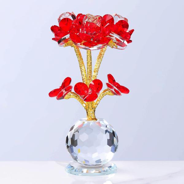 並行輸入品】赤いバラの花のクリスタルの置物 花瓶付き ガラスの花 茎