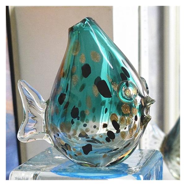 カラフルな魚模様のガラス花瓶 カラフルな魚模様のガラス花瓶 青いガラスの花瓶：カラフルな魚の