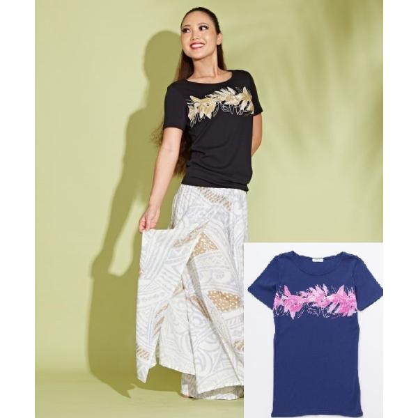 送料無料 ハワイアンTシャツ レディース フラダンス Tシャツ トップス 半袖 黒 マウナロア リノティーリーフT-SH  YJY-2303 ラメ ストレッチTシャツ