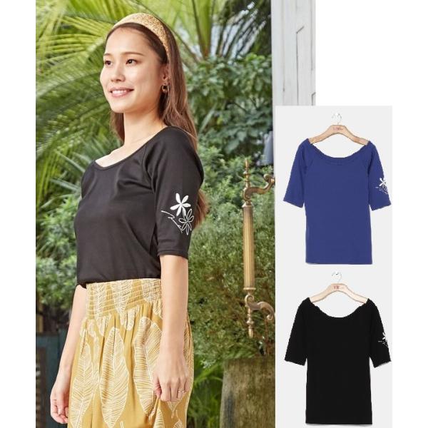 ハワイアンTシャツ レディース 接触冷感 フラダンス Tシャツ トップス 半袖 黒 ブルー マウナロア スタイルアップクールT-SH  YCA-5108 ストレッチTシャツ