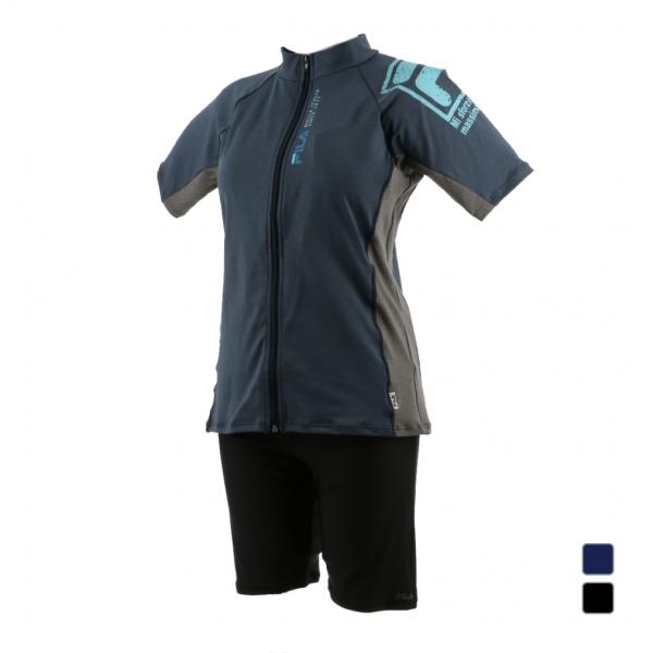 ◇FILA袖付き水着(大きいサイズ)◇2WAY方向に伸びるマットな杢生地。ファスナー付袖付ハイネックセパレーツ水着。袖の角Fプリントカラーとファスナー横のアートワークプリントが鮮やかなデザイン。ファスナーが上がりやすいようスナップボタンが付...