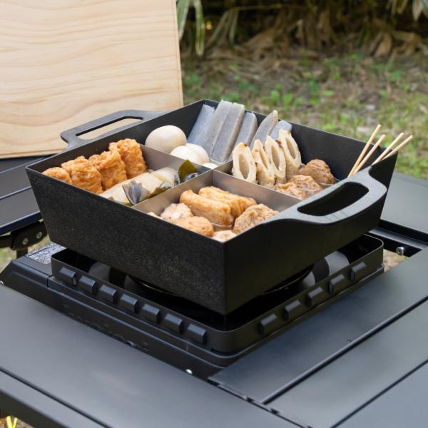 ◇冬のおでんやすき焼きに最適！これ1つで焼く・煮る・炒める・揚げるいろんな料理が楽しめる◇独自設計で薄型バーナー、卓上コンロに対応◇油なしでも焦げにくい特殊加工で、キャンプの卓上をお手軽に華やかに彩る◇アルミの特徴である高い熱伝導性により、...