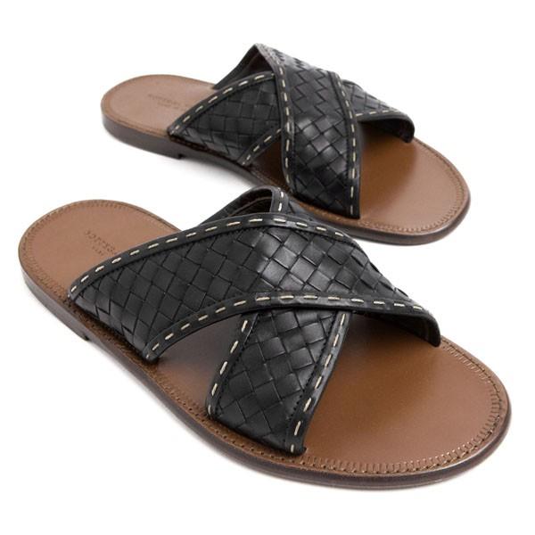 ボッテガヴェネタ サンダル イントレチャート メンズ クロスサンダル Bottega Veneta V6491 Nero ブラック お歳暮 カーフレザー 1000