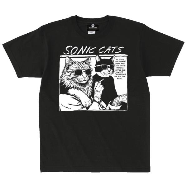 【8/25入荷】SONIC CATS 猫 ネコＴシャツ ブラック 半袖 ソニックユース パロディ おもしろ かわいい ロック カッコかわいい 綿100％ コットン alt-s at-74bk