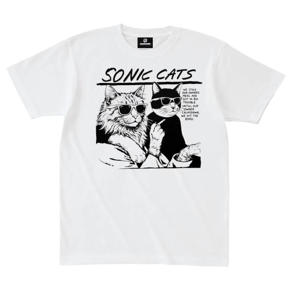 【8/25入荷】SONIC CATS 猫 ネコＴシャツ ホワイト 半袖 ソニックユース パロディ おもしろ かわいい ロック カッコかわいい 綿100％ コットン alt-s at-74wh