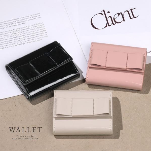 リボン 三つ折り財布 三つ折り 財布 さいふ ミニ財布 ウォレット 小さい 小銭入れ カード お札入れ ボックスコイン型 エナメル
