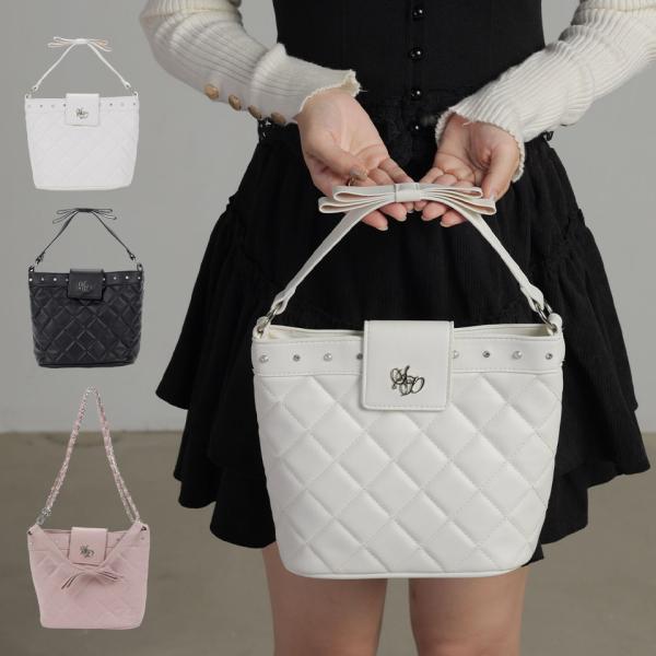 ショルダーバッグ ハンドバッグ 3wayバッグ レディース 500mlペットボトル キルティング リボン パール ガーリー 可愛い アーモンド