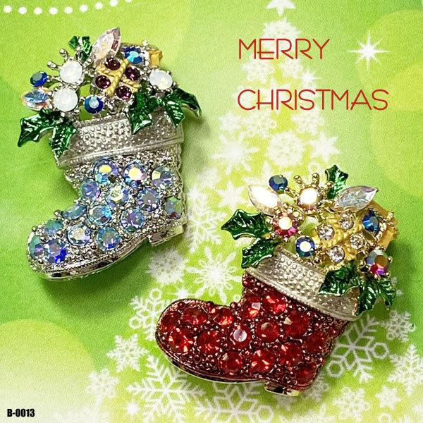 X'mas キラキラ かわいい ブーツ ミニ ブローチ クリスマス パーティー 映え 見せ レッド/ブルー ◇B-0013