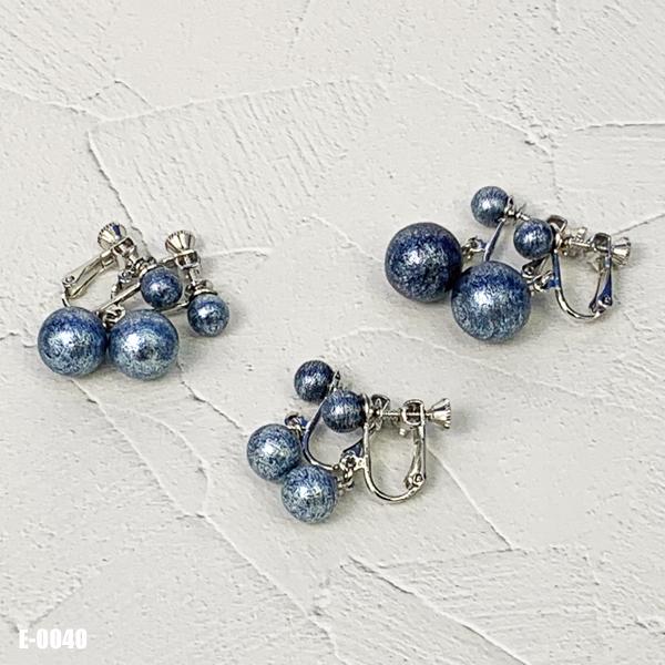 送料無料!! 本藍染コットンパール イヤリング 2粒 ぶら下がりタイプ
