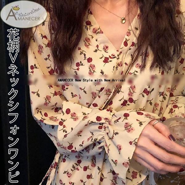 ワンピース 花柄ワンピース シフォンワンピース ボタニカル柄 Vネック ひざ丈 長袖 061 Amanecer 通販 Yahoo ショッピング