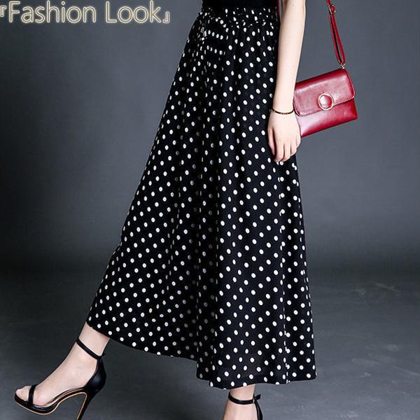 パンツ 涼感 ドット柄 ウエストゴム入り ワイドパンツ ガウチョパンツ  