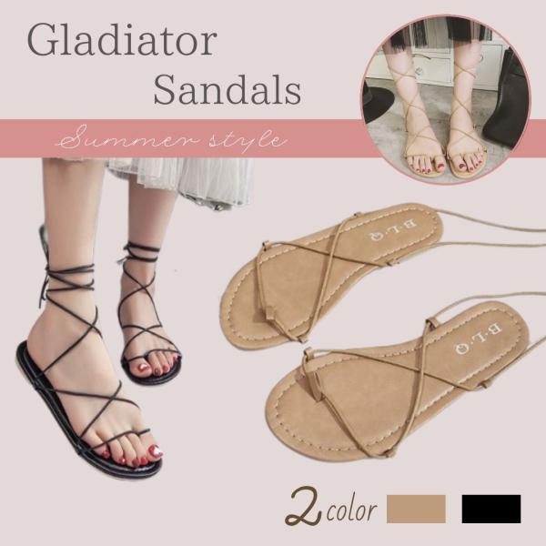 ストラップ フラット サンダル ぺたんこ 紐 編み上げ リボンレディース グラディエーターサンダル 573 Amaryl 通販 Yahoo ショッピング