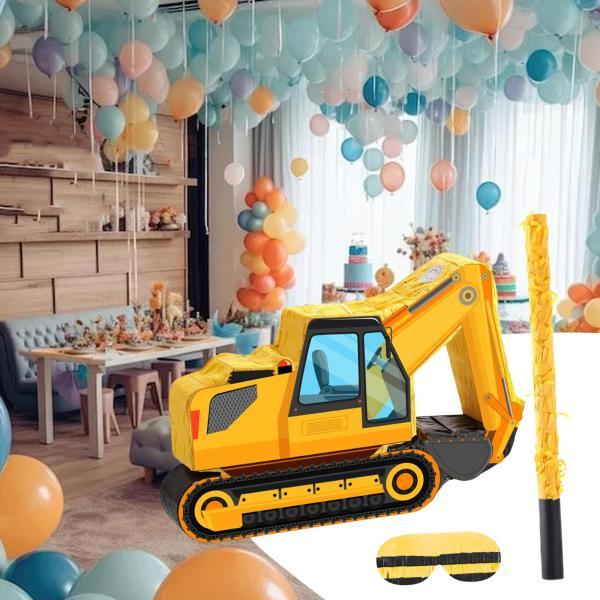 ショベルカーピニャータ（目隠しとコウモリ付き）お祝いパーティー用品 DIYアクティビティ キッズエンターテイメントアクセサリー 紙製ピニャータ