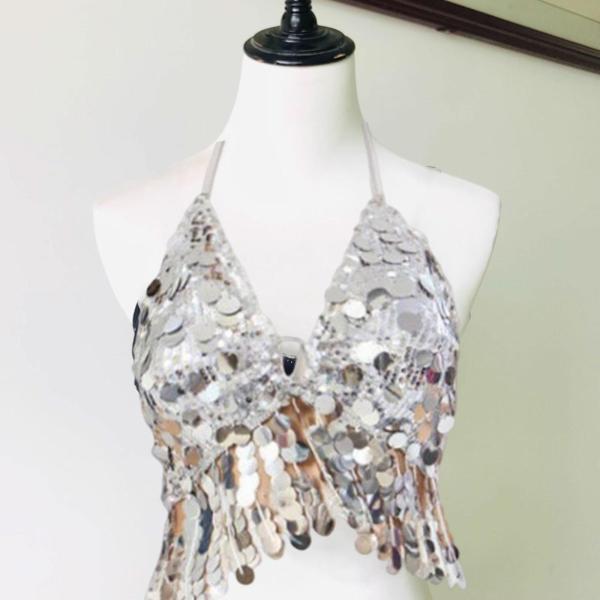 説明:素材:スパンコールブラトップはポリエステル製で.精巧な仕上がりで.スタイリッシュで着心地が良いです.サイズ: 胸囲約74cm/29.13インチ.長さ約37cm/14.57インチ.18-24歳の若い女性に適しています.2本のネックタイス...