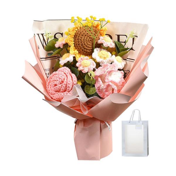 完成したかぎ針編みの花、編み物の花束、手作りのかぎ針編みのひまわり