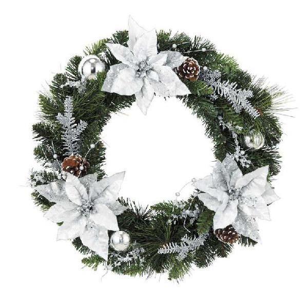 クリスマスリース オーロラシルバーポインセチアリース クリスマス飾り 45cm Amwr 造花観葉植物専門店ビワールデコ 通販 Yahoo ショッピング