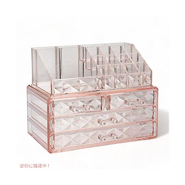 ZHIAI ジュエリーと化粧品ボックス ブラシホルダー付き  ピンクダイヤモンドパターン収納ディスプレイキューブ 引き出し4個と2点セット付き americankitchen_ry23014442akc