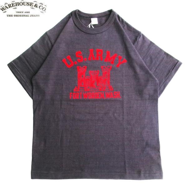 WAREHOUSE ＆CO. 4601 FORT WORDEN T-SHIRTS BLACK ウェアハウス カンパニー メンズ 半袖 プリント Tシャツ フロッキープリント ブラック スミクロ