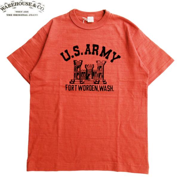 WAREHOUSE ＆CO. 4601 FORT WORDEN T-SHIRTS SALMON ウェアハウス カンパニー メンズ 半袖 プリント Tシャツ フロッキープリント オレンジ サーモン