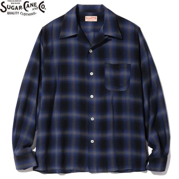 SUGAR CANE RAYON OMBRE CHECK OPEN SHIRT 128 NAVY SC29120 シュガー