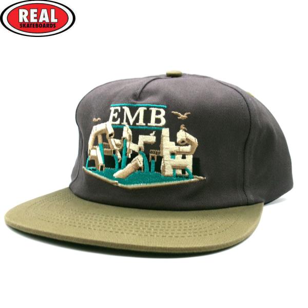 REAL SKATEBOARDS EMB SNAPBACK CAP CHARCOAL/TAN リアル スケートボード スナップバック キャップ チャコール/タン 帽子 メンズ レディース