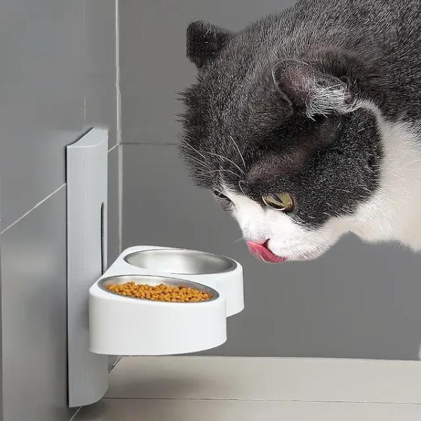 壁に取り付けられたダブルボウル,高ステンレス鋼,セラミックウォーターディスペンサー,猫用フィーダー,犬用ボウル,高さ調節可能,猫用フードボウル