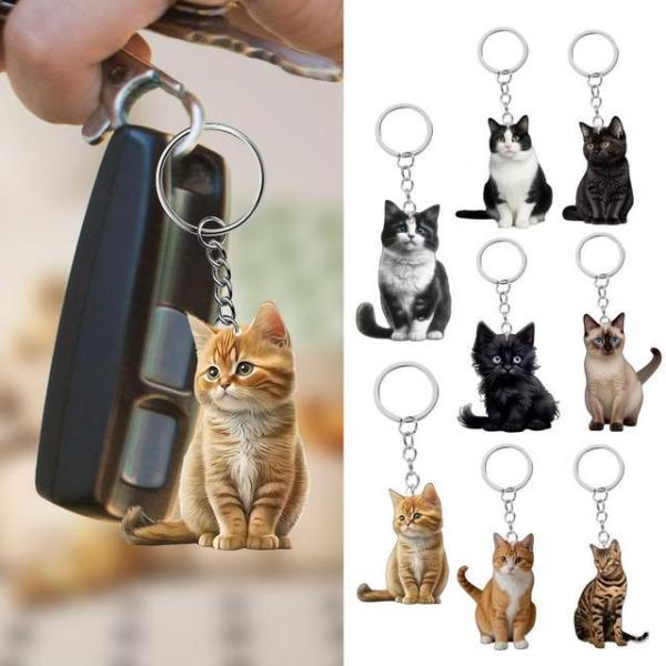 両面猫のキーホルダー,2Dフラットアクリルペットの吊り下げ装飾,リアルな猫のキーリング,アクセサリー,車の鏡,窓,バックパック