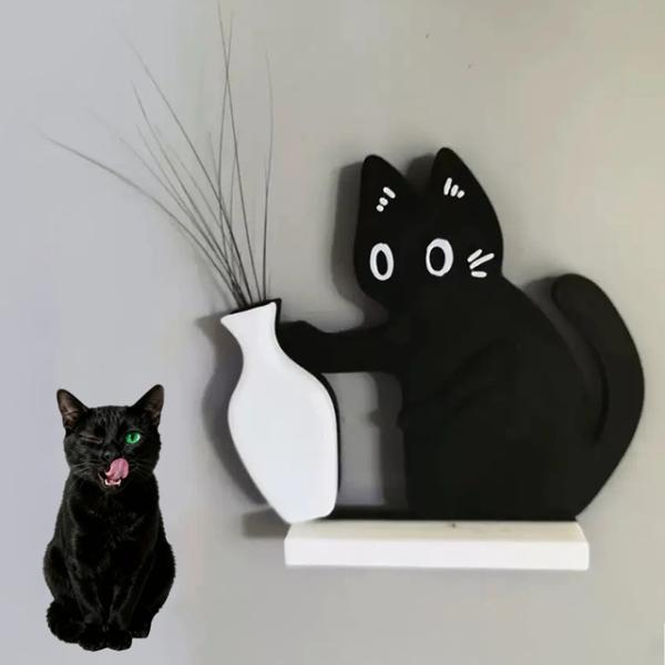 黒猫が花瓶を押す装飾 猫のひげコレクション＆メモリアルボックス 冷蔵庫マグネット ホームオフィス装飾 猫好きへのプレゼントに最適