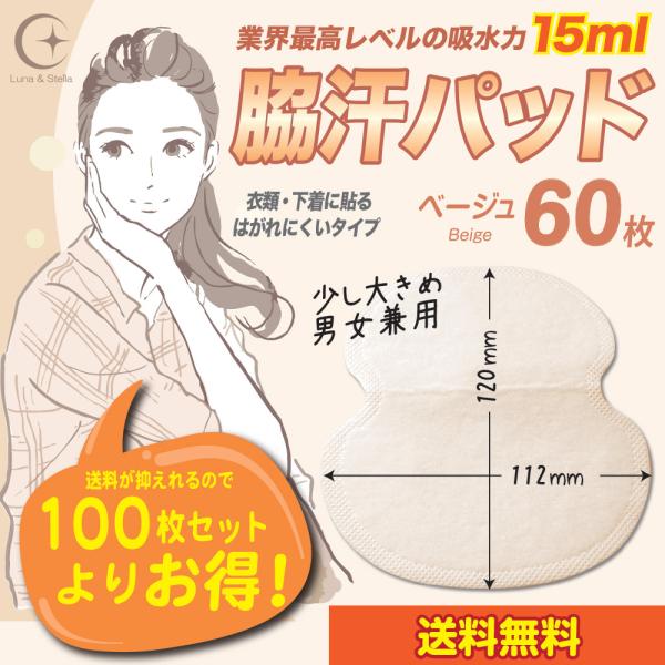 汗脇パッド60枚セット！●超薄型！なのに吸水量が業界最高レベル１５ml！汗っかきの貴方も汗ジミを作らせません。●防臭繊維配合で臭いもしっかりブロック！●無香料。しかもつけてることを忘れるほどの肌触り！●少し大きめで安心感抜群！さらに強粘着タ...