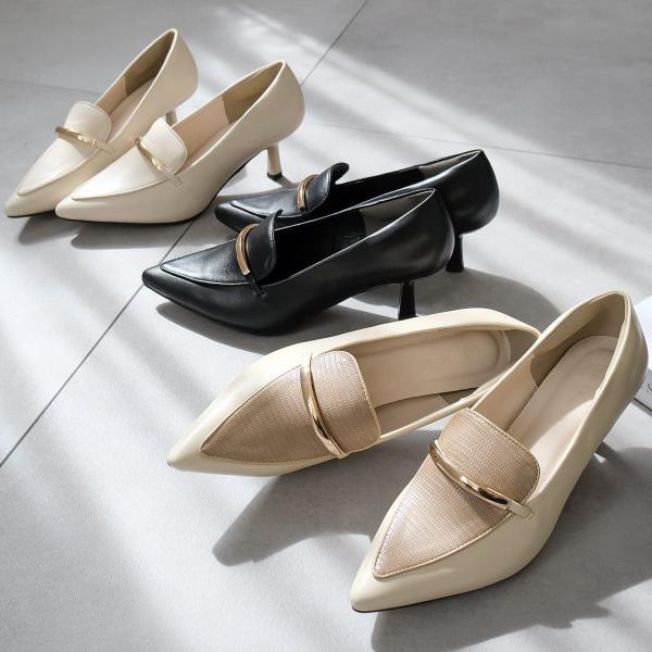 パンプス 歩きやすい メタリックライン ポインテッドトゥ ローファーパンプス レディース 疲れない 痛くない amiamiアミアミ