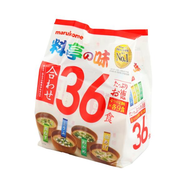 【常温】大容量36食タイプ。米みそと豆みその熟成合わせみそに、かつおと昆布のだしを加え、濃厚で風味豊かな味わいに仕上げました。定番のとうふ、油あげ、長ねぎ、わかめの具材が9食入り。※在庫以上の数量をご希望の場合は、お手数ですがご注文前に弊社...