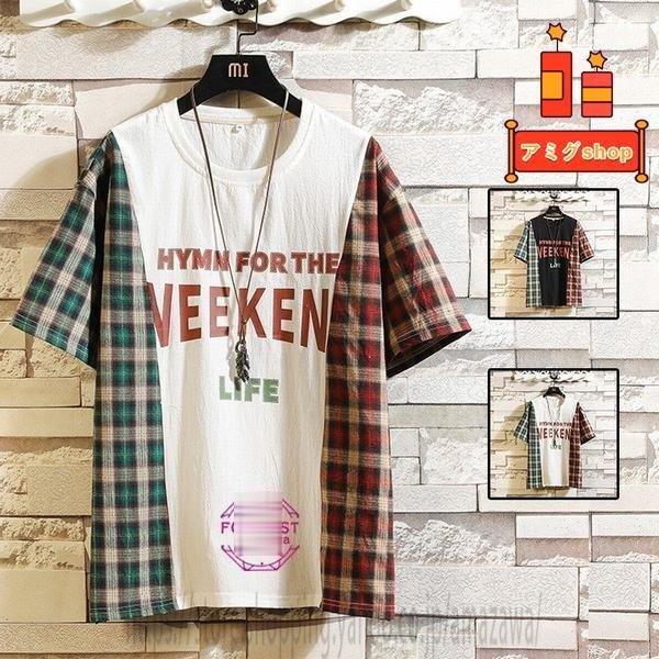 Tシャツ メンズ 半袖 切り替え チェック柄 吸汗 七分袖tシャツ アメカジ 半袖tシャツ 英文字 プリント Tee おしゃれ 大きいサイズ 夏 父の日 Hl0414 Kk119 アミグshop 通販 Yahoo ショッピング
