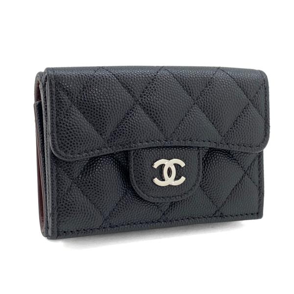 シャネル CHANEL 財布 三つ折り クラシック スモール フラップ ウォレット マトラッセ グレインドカーフスキン キャビアスキン ブラック  シルバー金具