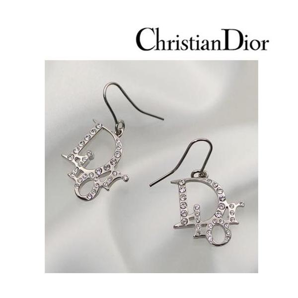 クリスチャン ディオール Christian Dior ピアス レディース Diorロゴ ラインストーン シルバー E0027D  SI/メンズ/レディース