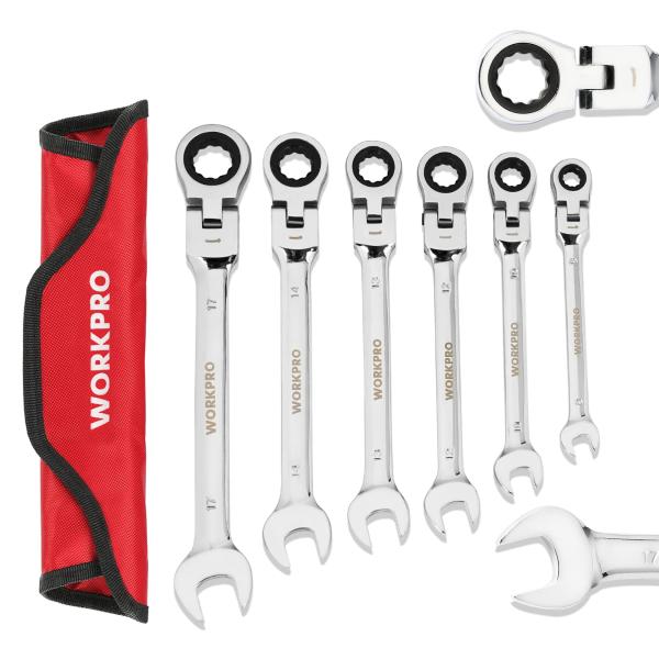 WORKPRO フレックスラチェットレンチ 首振りラチェット コンビネーションレンチセット コンビセット 両用ヘッド スパナ レンチ 角度調整可能