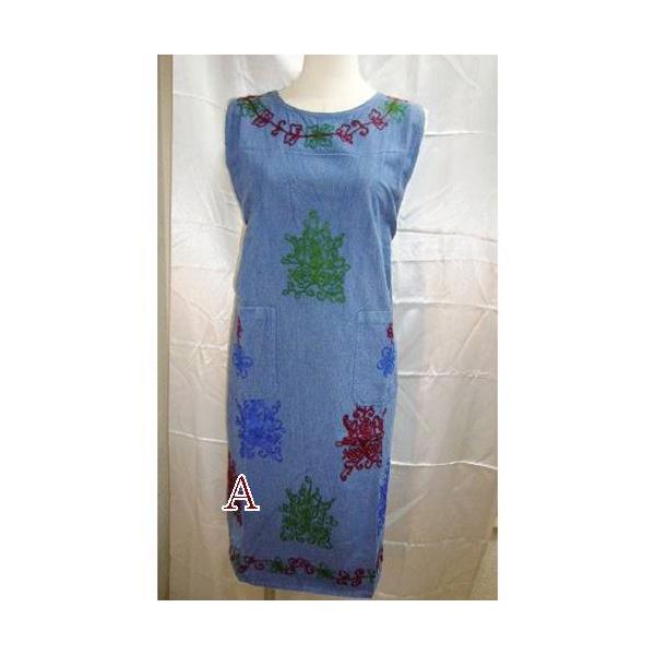 エプロンドレス ワンピースのようなエプロン ブルー インド綿花模様 ほっそりみせてくれるa