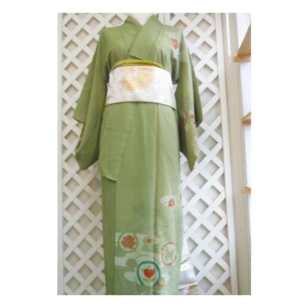 中古着物 送料無料でお届けします 和服袷色 付け下げ訪問着 正絹 うぐいす色流水紋 礼装 アンティーク リサイクル着物 結婚式