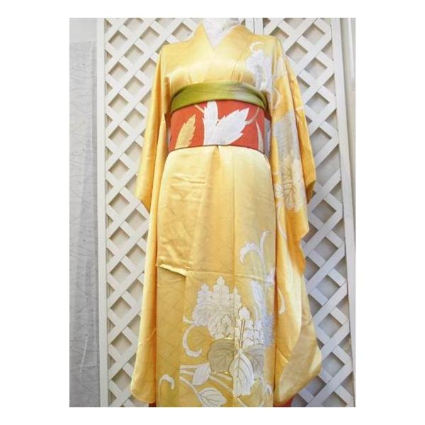 中古着物 和服袷色 桐の花振袖 ほぼ新品 からし色 リサイクル
