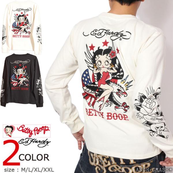 74h限定pMAX18.5倍!7/12pm25:59迄 BETTY BOOP×Ed Hardy ロンTEE BED-2508 ベティブープ エドハーディー 刺繍 長袖 Tシャツ