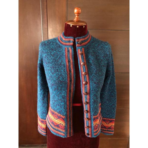 アルパカセーター カーディガン おしゃれ 温かい 青色 幾何学模様
