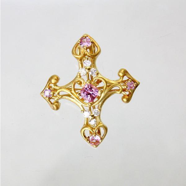 ◎中古美品◎18金 ピンクサファイア 0.56ct ダイヤ 0.12ct クロス 