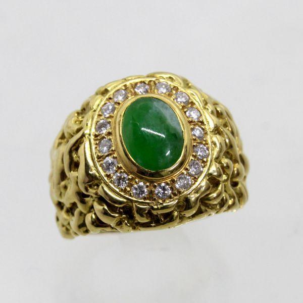 ◎中古美品◎18金 ヒスイ 1.12ct ダイヤ 0.40ct メンズリング 16号 