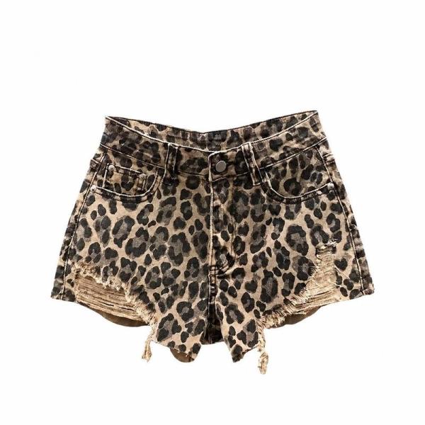 デニムショートパンツ レディース ハイウエスト レオパード柄 ショート