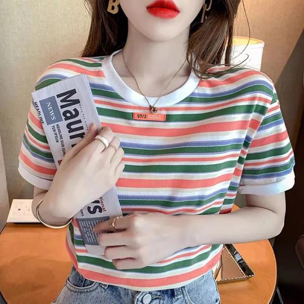 Tシャツ レディース ボーダー マルチカラー カジュアル ポップ レトロ 春夏 トップス リンガー 半袖 丸襟 夏 春 綿 かわいい 海
