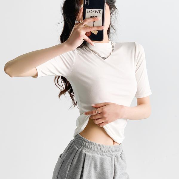 Tシャツ レディース 半袖 ハイネック カットソー タイト トップス モックネック 五分袖 リブ 無地 ストレッチ もちもち 柔らかい 春