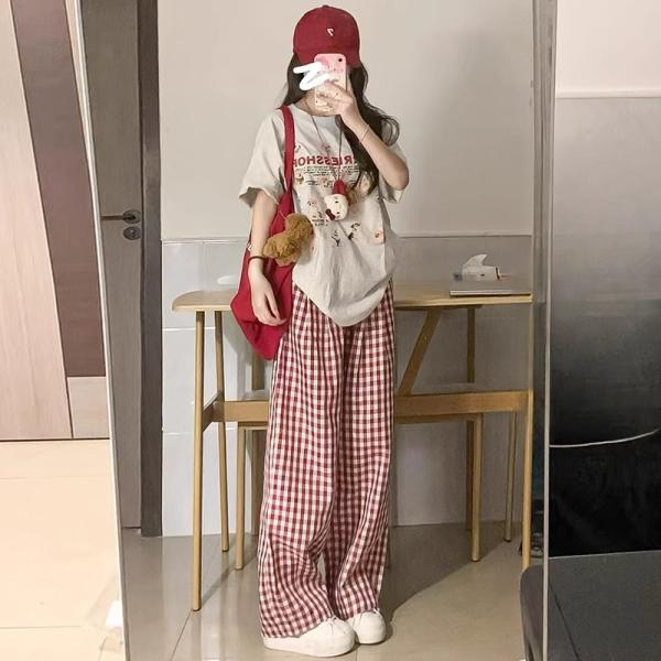 ギンガムチェック ワイドパンツ レディース ハイウエスト ゆったり