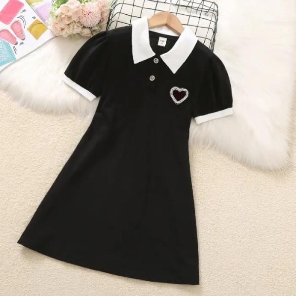 ワンピース 女の子 ポロシャツ 襟付きワンピース Ａラインワンピース 可愛い ハート刺繍 パフスリーブ 半袖ワンピ 子供 幼児 児童 通園