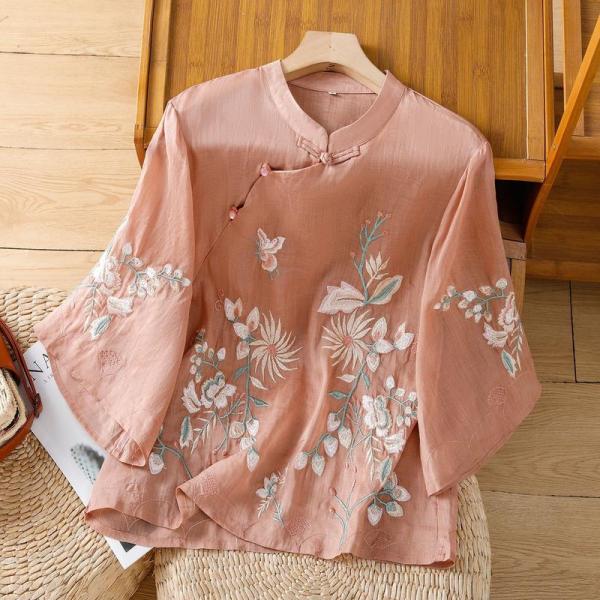 レディース ブラウス 刺繍 花柄 ゆったり チャイナシャツ レトロ 上品 薄手 通気性 森ガール 七分袖 トップス カジュアル お洒落