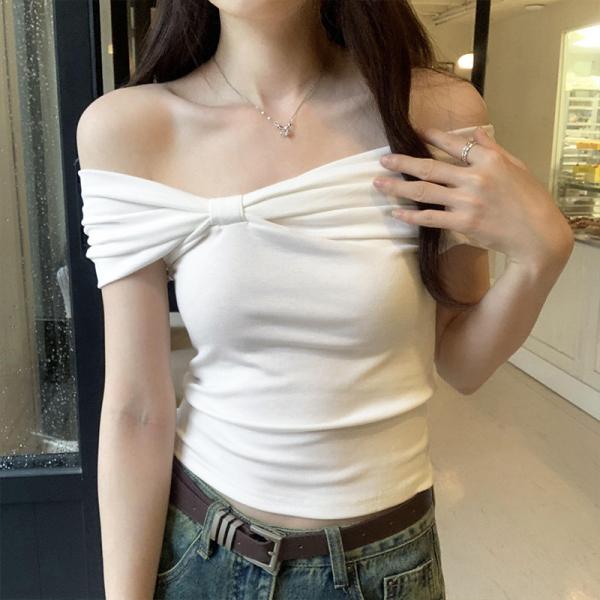 オフショルダー Tシャツ レディース カットソー 肩出し 胸元 リボン デザイン タイト スリム きれいめ トップス 半袖 春 夏 大人