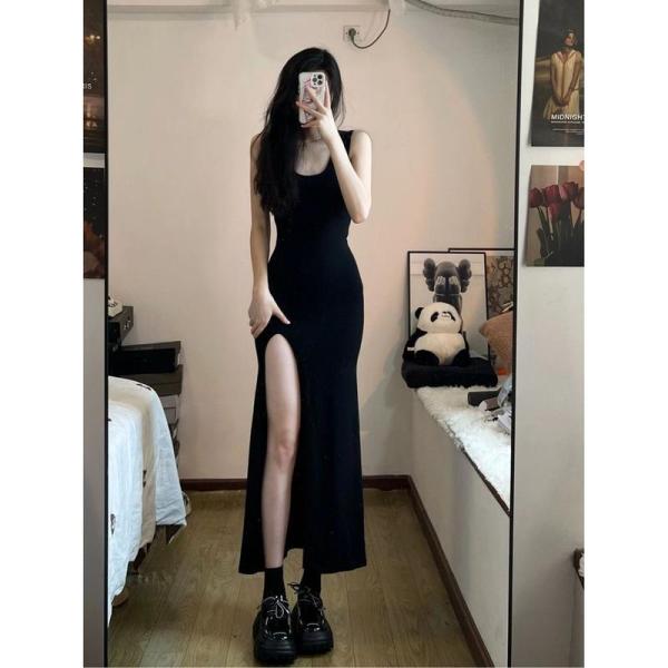 ロングワンピース タイト スリット セクシー ノースリーブ キャミワンピ Uネック マキシ丈 レディース きれいめ 無地 ウエストマーク